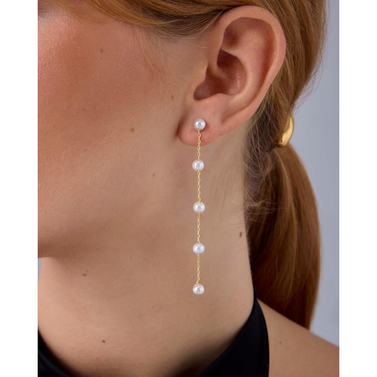 14K Gold Plated 925 Sterling Silver Posts Pearl Dangle Drop Earrings | Bridal Pearl Earrings for Women - My Store