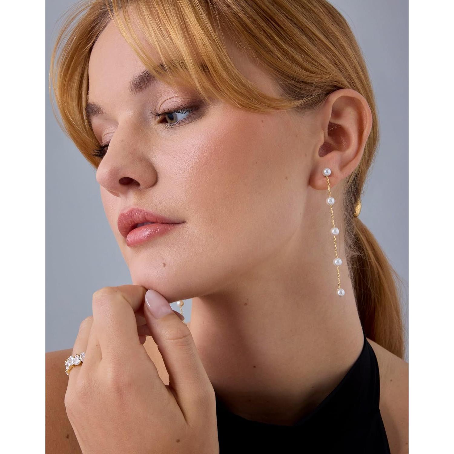 14K Gold Plated 925 Sterling Silver Posts Pearl Dangle Drop Earrings | Bridal Pearl Earrings for Women - My Store