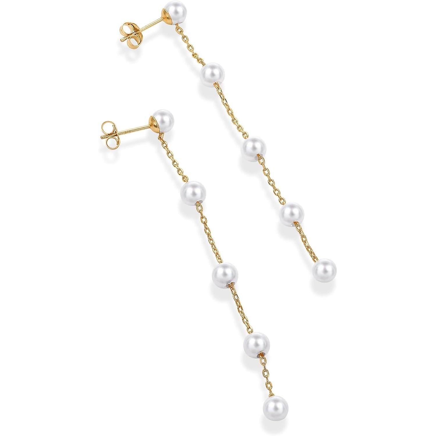 14K Gold Plated 925 Sterling Silver Posts Pearl Dangle Drop Earrings | Bridal Pearl Earrings for Women - My Store