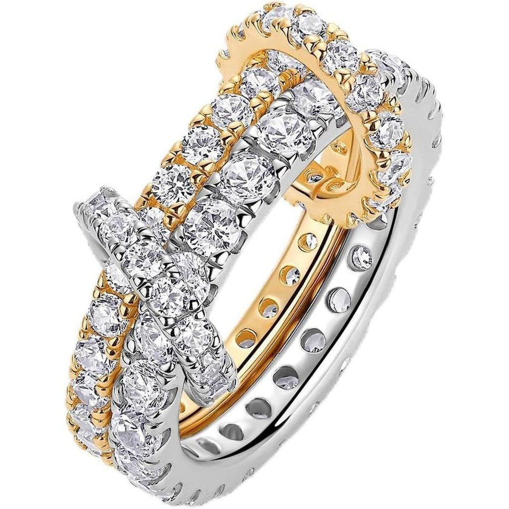 14K Gold Plated Interlocking Ring for Women - Chunky Connected Bands Interlock Stackable Rings for Women - Trendy Cubic Zirconia Two Tone Interlocked Multi-Band Statement Jewelry - My Store
