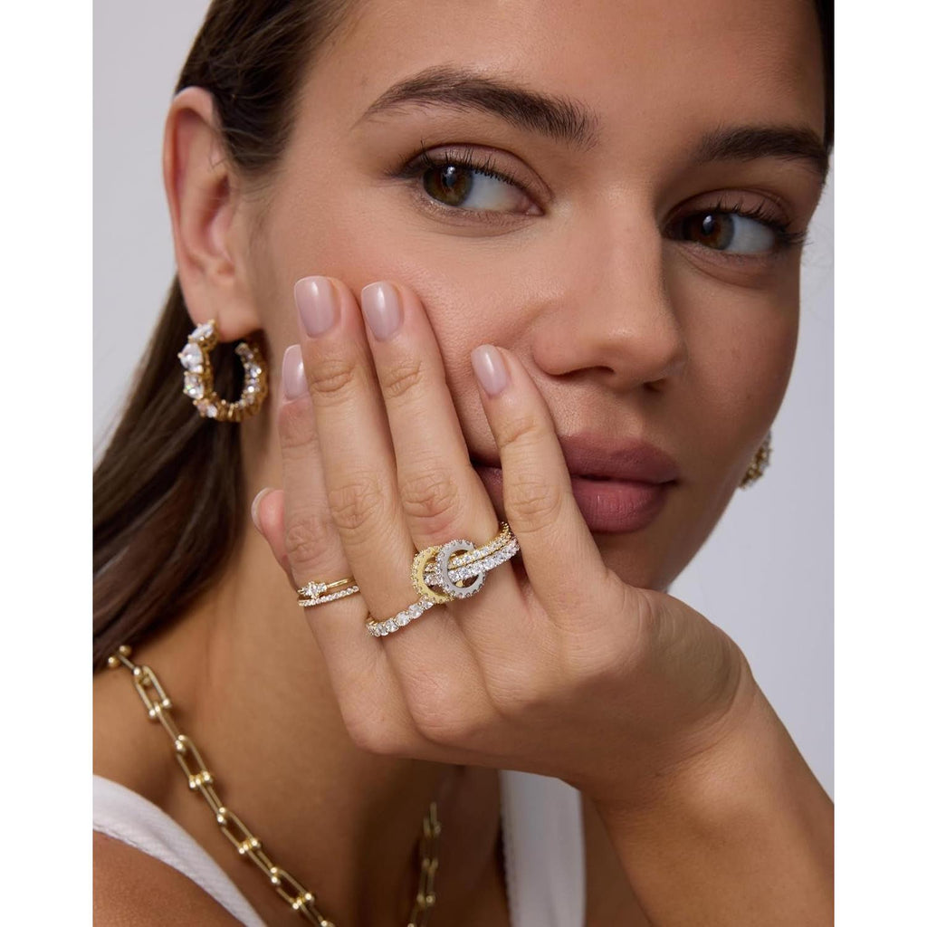 14K Gold Plated Interlocking Ring for Women - Chunky Connected Bands Interlock Stackable Rings for Women - Trendy Cubic Zirconia Two Tone Interlocked Multi-Band Statement Jewelry - My Store