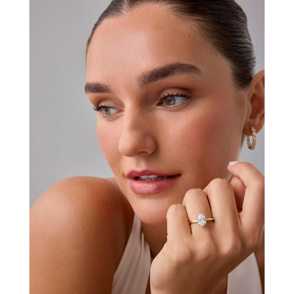 14K Gold Plated Simple 2.5CT Pear Cubic Zirconia Hidden Halo Eternity Ring Bridal Wedding Promise Statement - Engagement Ring for Women - My Store