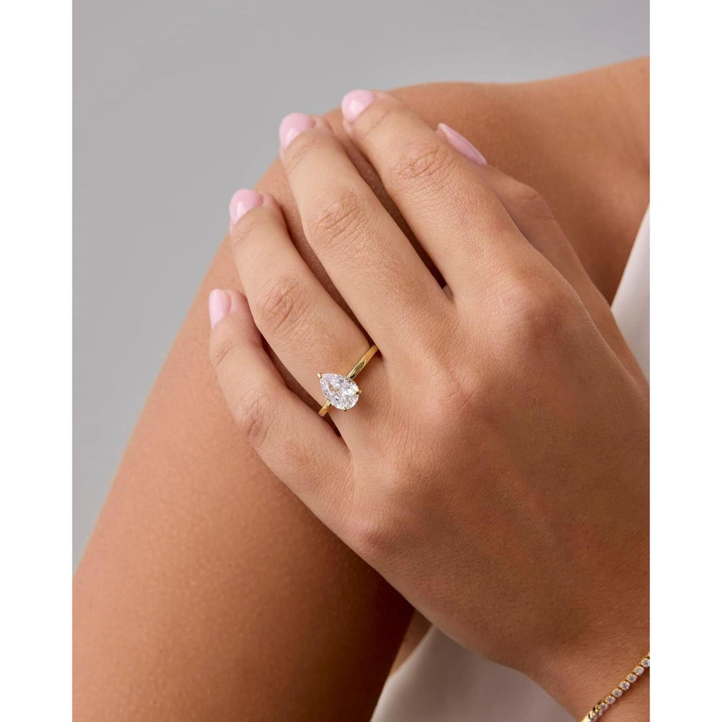 14K Gold Plated Simple 2.5CT Pear Cubic Zirconia Hidden Halo Eternity Ring Bridal Wedding Promise Statement - Engagement Ring for Women - My Store
