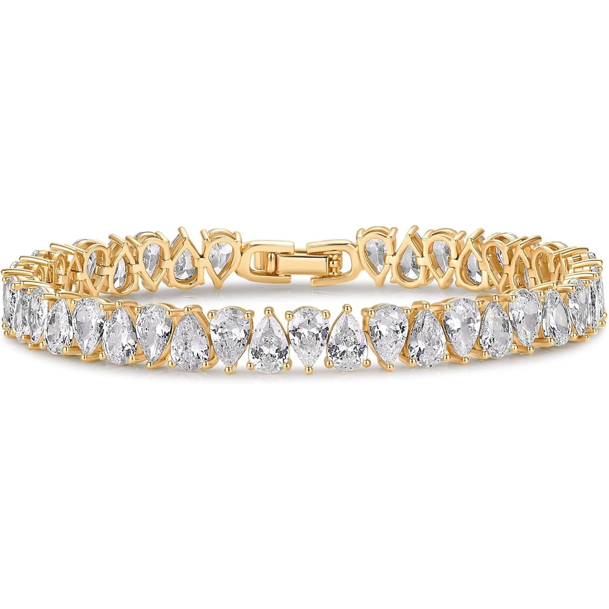 14K Gold Plated Tennis Bracelets for Women - Bridal Gold Tennis Bracelet with Pear Cubic Zirconia - Hypoallergenic Trendy CZ Jewelry - Elegant Bridal Wedding Gift - My Store