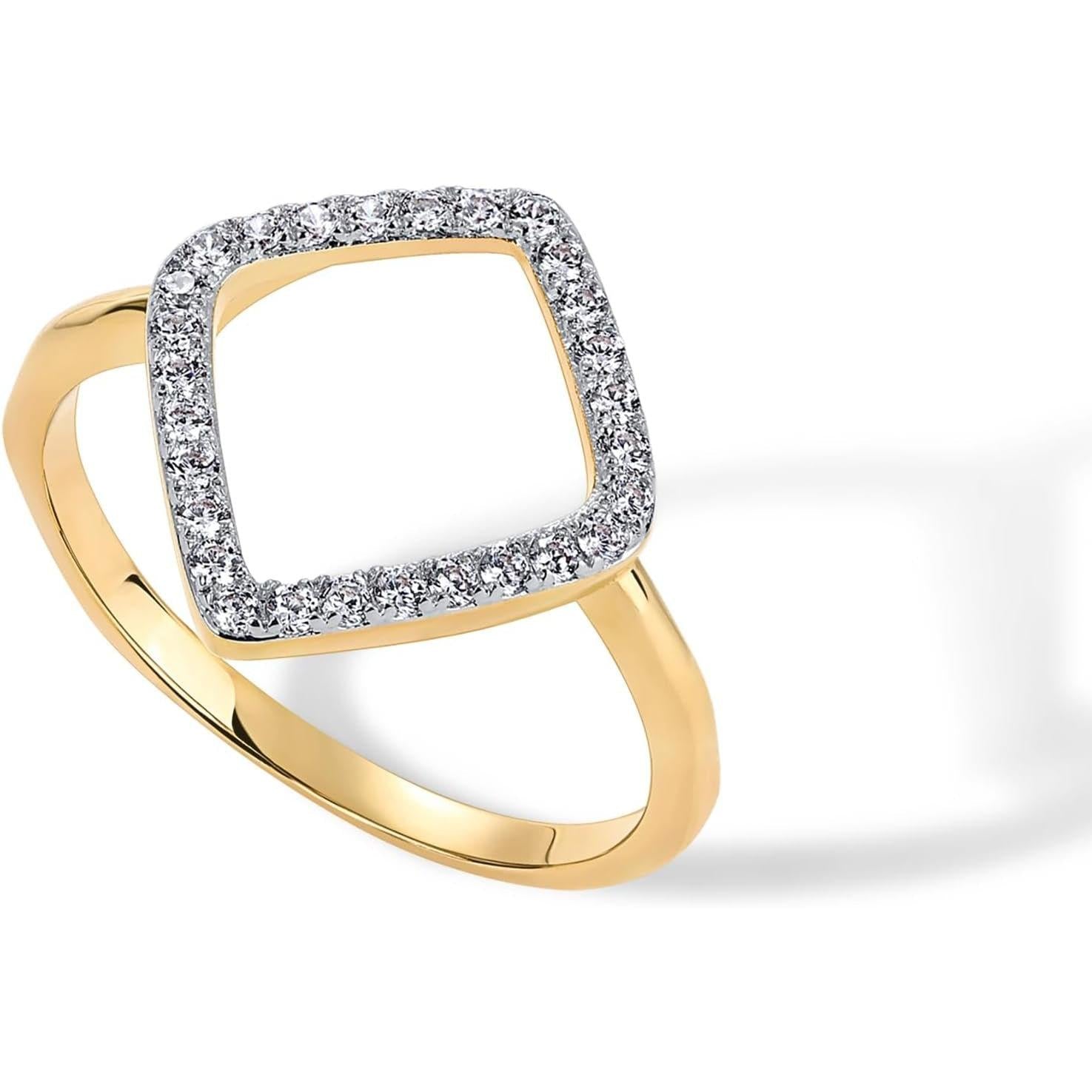 14K Gold Plated Two Toned Mixed Metals Diamond-Shaped Geometric Ring for Women with Cubic Zirconia | Statement Ring - My Store