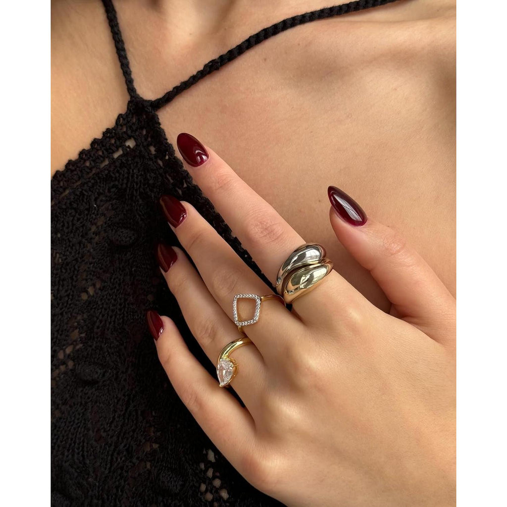 14K Gold Plated Two Toned Mixed Metals Diamond-Shaped Geometric Ring for Women with Cubic Zirconia | Statement Ring - My Store