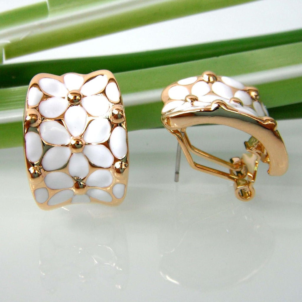 18K Gold Plated Square Rainbow Colorful Enamel Leaves Flower Omega Back Earrings - My Store