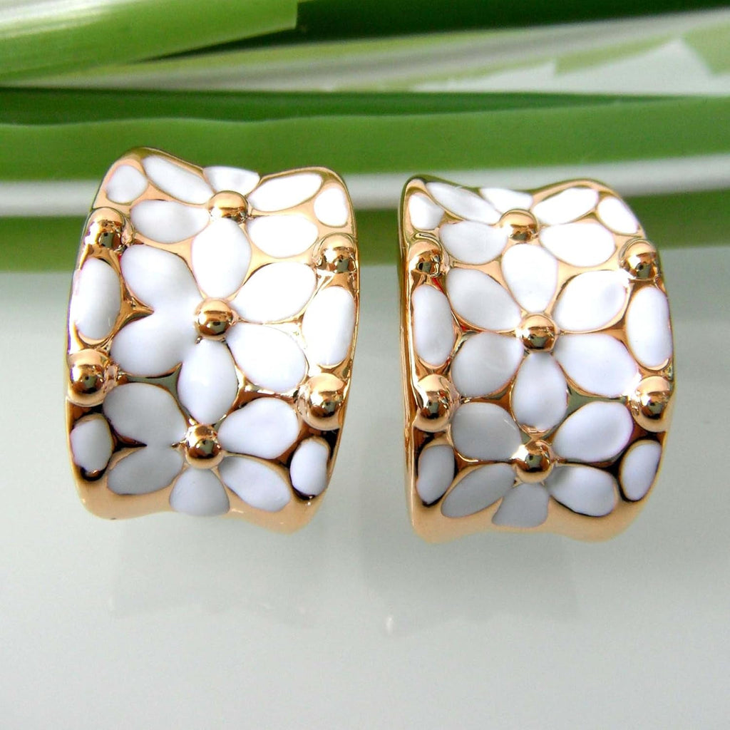 18K Gold Plated Square Rainbow Colorful Enamel Leaves Flower Omega Back Earrings - My Store