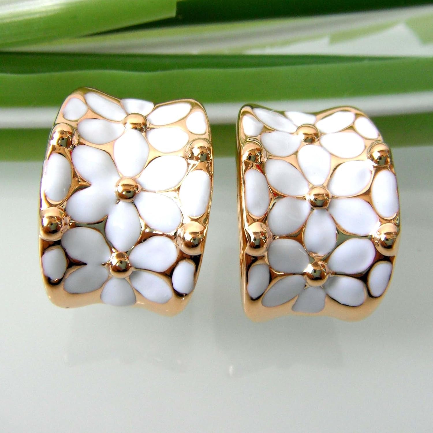 18K Gold Plated Square Rainbow Colorful Enamel Leaves Flower Omega Back Earrings - My Store