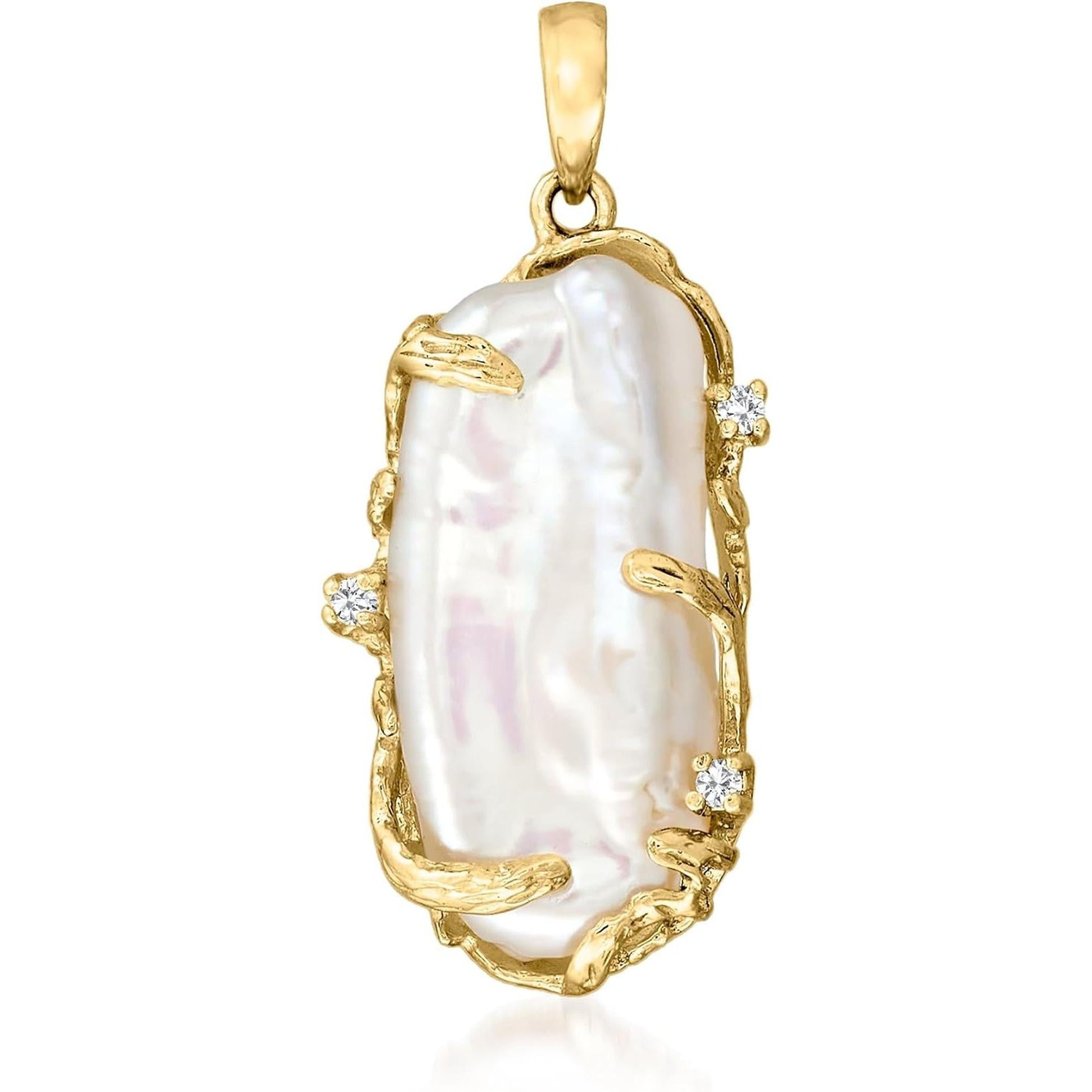 20X8Mm Cultured Baroque Pearl Pendant with Diamonds in 14Kt Yellow Gold - My Store