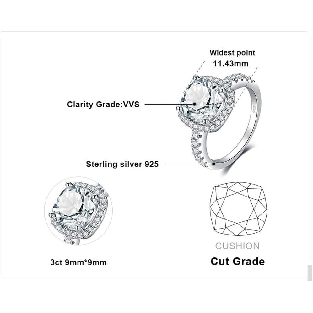 3Ct Cushion Cut Halo Engagement Rings for Women, 14K Gold Plated 925 Sterling Silver Cubic Zirconia Love Promise Rings for Her, Anniversary Solitaire CZ Simulated Diamond Ring - My Store