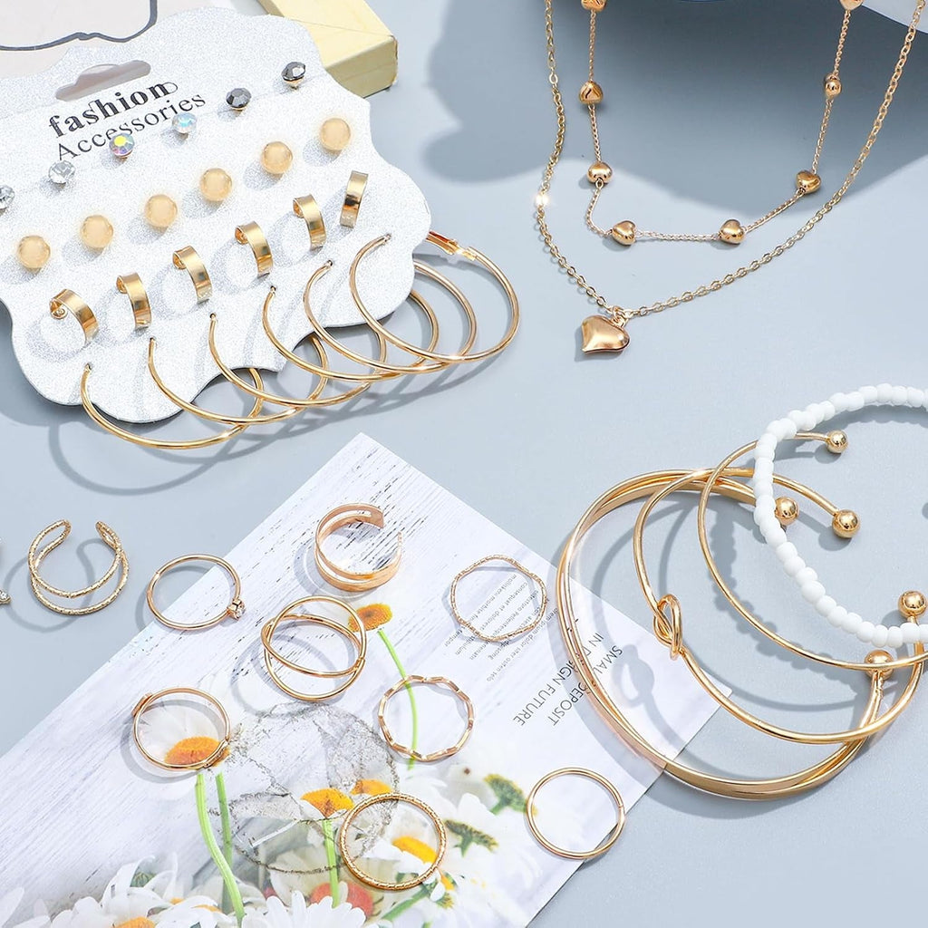 49 Pieces Gold Jewelry Set for Women Fashion Costume Jewelry Gold Plated Necklace Bracelet Ring Earrings Set for Women - My Store