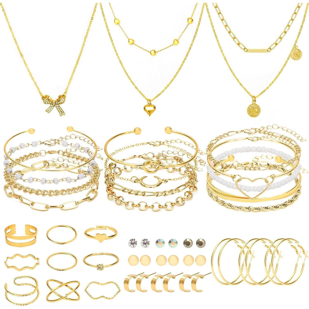 49 Pieces Gold Jewelry Set for Women Fashion Costume Jewelry Gold Plated Necklace Bracelet Ring Earrings Set for Women - My Store