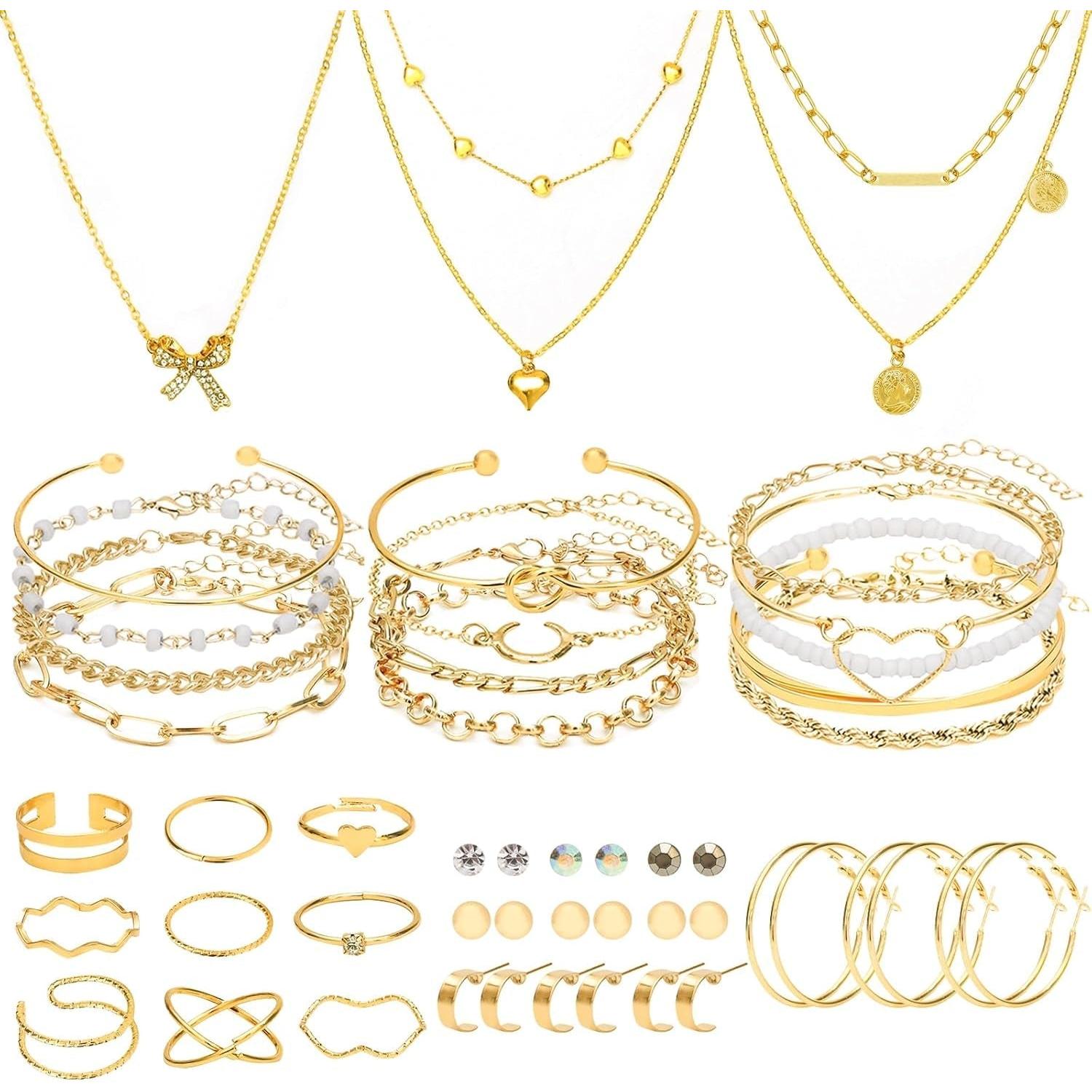 49 Pieces Gold Jewelry Set for Women Fashion Costume Jewelry Gold Plated Necklace Bracelet Ring Earrings Set for Women - My Store