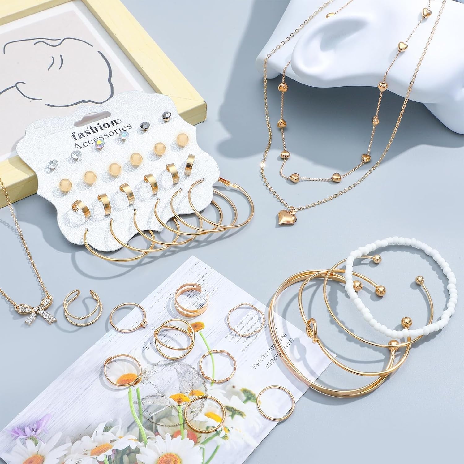 49 Pieces Gold Jewelry Set for Women Fashion Costume Jewelry Gold Plated Necklace Bracelet Ring Earrings Set for Women - My Store