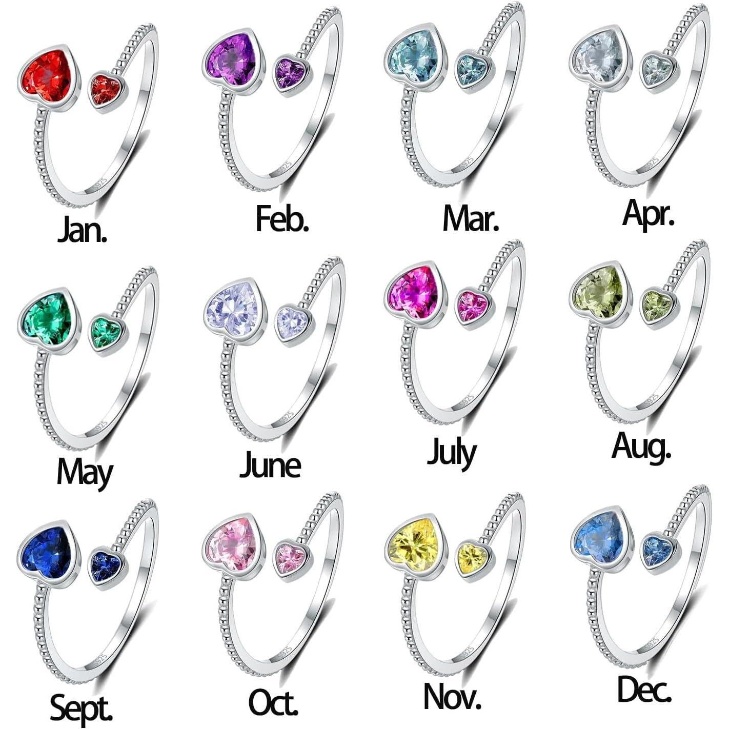 925 Sterling Silver Birthstone Rings for Women - Adjustable Open Heart Ring Constellation Month Band for Her Birthday Gifts Jewelry - My Store