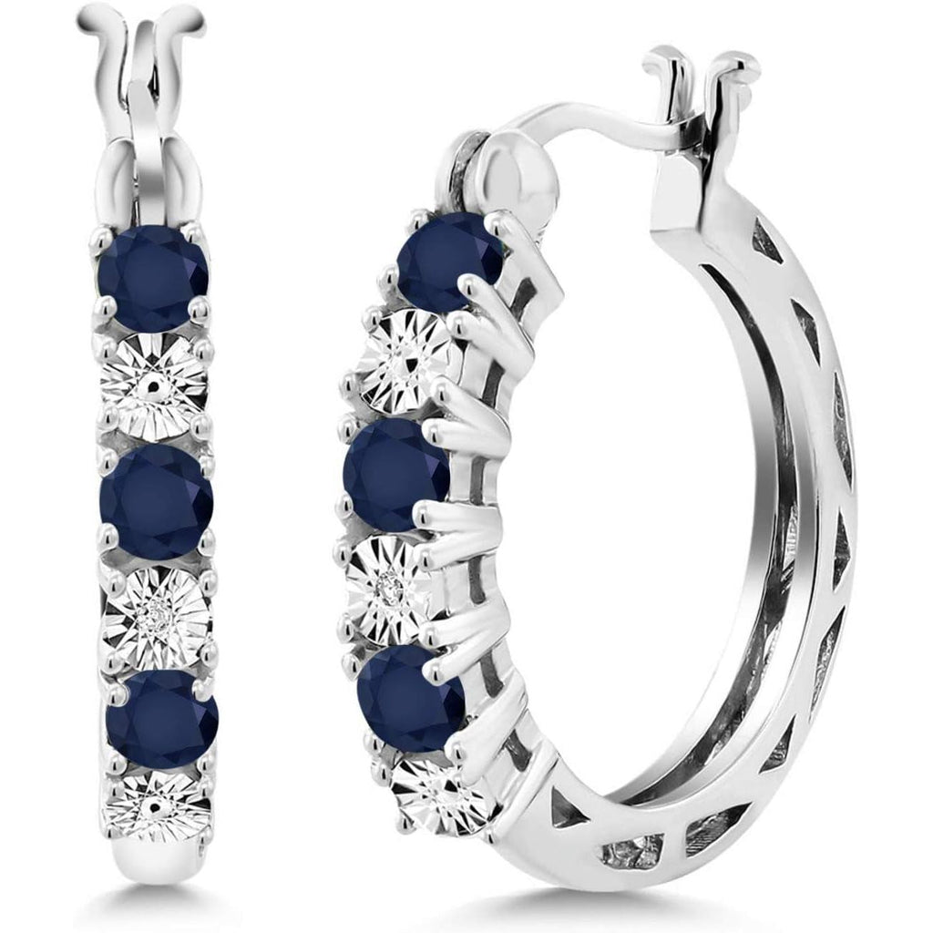 925 Sterling Silver Blue Sapphire and White Lab Grown Diamond Accent Hoop Earrings for Women (0.83 Cttw, 22MM = 0.85 Inches Diameter) - My Store