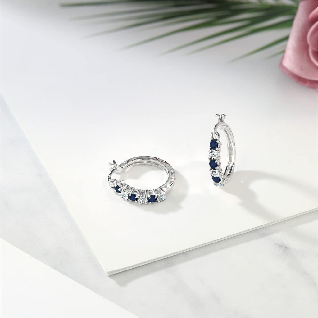 925 Sterling Silver Blue Sapphire and White Lab Grown Diamond Accent Hoop Earrings for Women (0.83 Cttw, 22MM = 0.85 Inches Diameter) - My Store