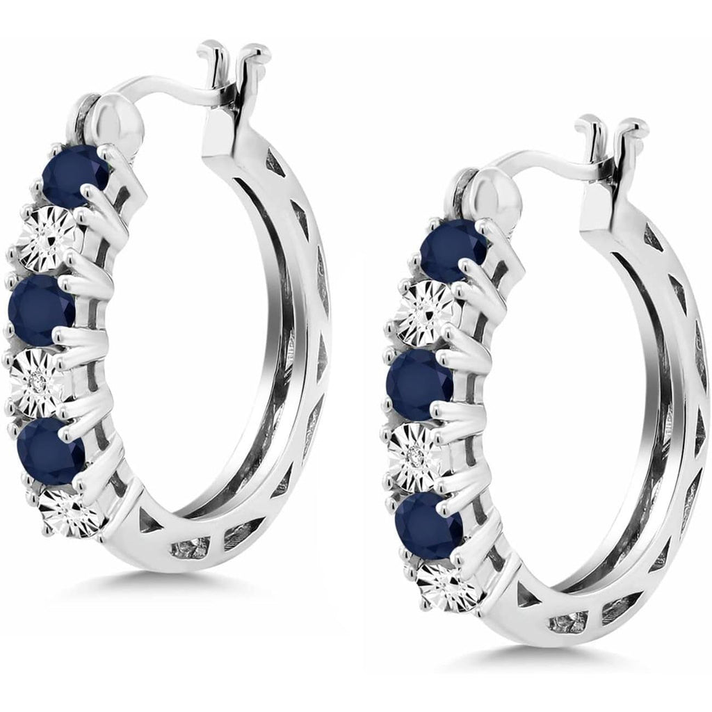925 Sterling Silver Blue Sapphire and White Lab Grown Diamond Accent Hoop Earrings for Women (0.83 Cttw, 22MM = 0.85 Inches Diameter) - My Store