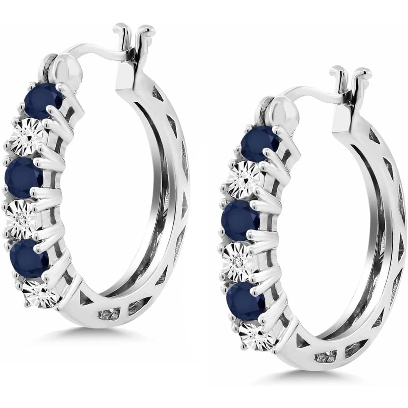 925 Sterling Silver Blue Sapphire and White Lab Grown Diamond Accent Hoop Earrings for Women (0.83 Cttw, 22MM = 0.85 Inches Diameter) - My Store