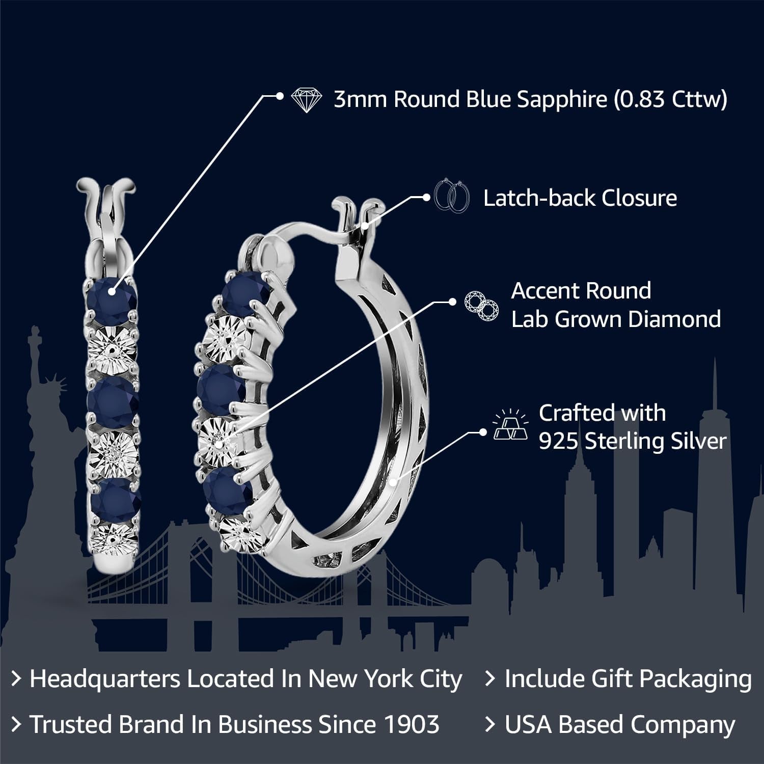 925 Sterling Silver Blue Sapphire and White Lab Grown Diamond Accent Hoop Earrings for Women (0.83 Cttw, 22MM = 0.85 Inches Diameter) - My Store