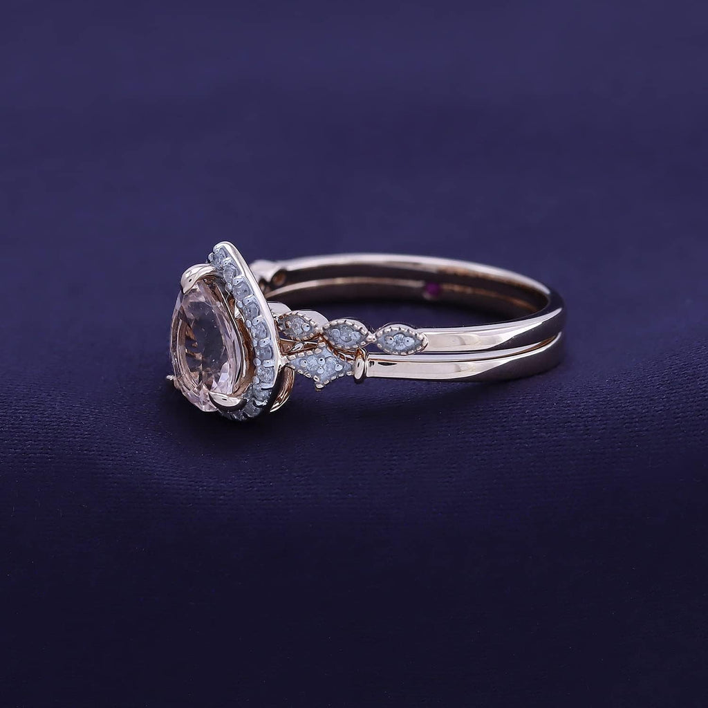 Fleur-De-Lis Vintage Style Bridal Set, Pear Cut Natural Morganite 8X6MM Gemstone & Natural Diamond in 14K Solid Gold Engagement Promise Wedding Ring (1.10 Cttw) Valentine'S Day Gift for Her - My Store
