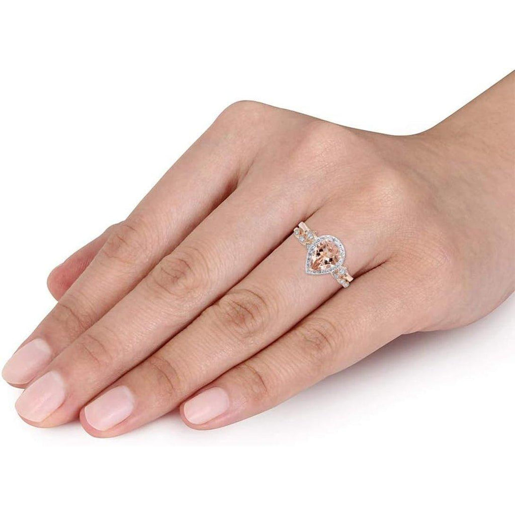 Fleur-De-Lis Vintage Style Bridal Set, Pear Cut Natural Morganite 8X6MM Gemstone & Natural Diamond in 14K Solid Gold Engagement Promise Wedding Ring (1.10 Cttw) Valentine'S Day Gift for Her - My Store