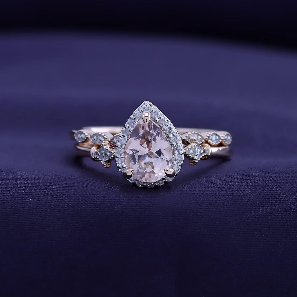 Fleur-De-Lis Vintage Style Bridal Set, Pear Cut Natural Morganite 8X6MM Gemstone & Natural Diamond in 14K Solid Gold Engagement Promise Wedding Ring (1.10 Cttw) Valentine'S Day Gift for Her - My Store
