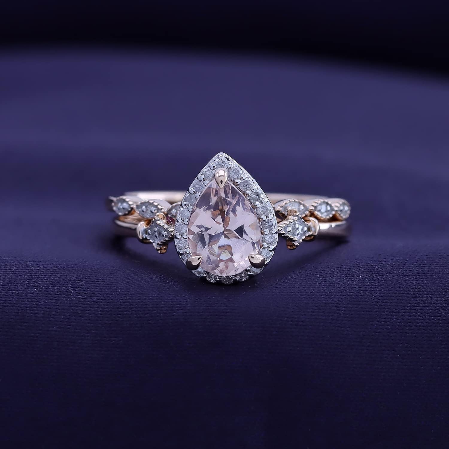 Fleur-De-Lis Vintage Style Bridal Set, Pear Cut Natural Morganite 8X6MM Gemstone & Natural Diamond in 14K Solid Gold Engagement Promise Wedding Ring (1.10 Cttw) Valentine'S Day Gift for Her - My Store