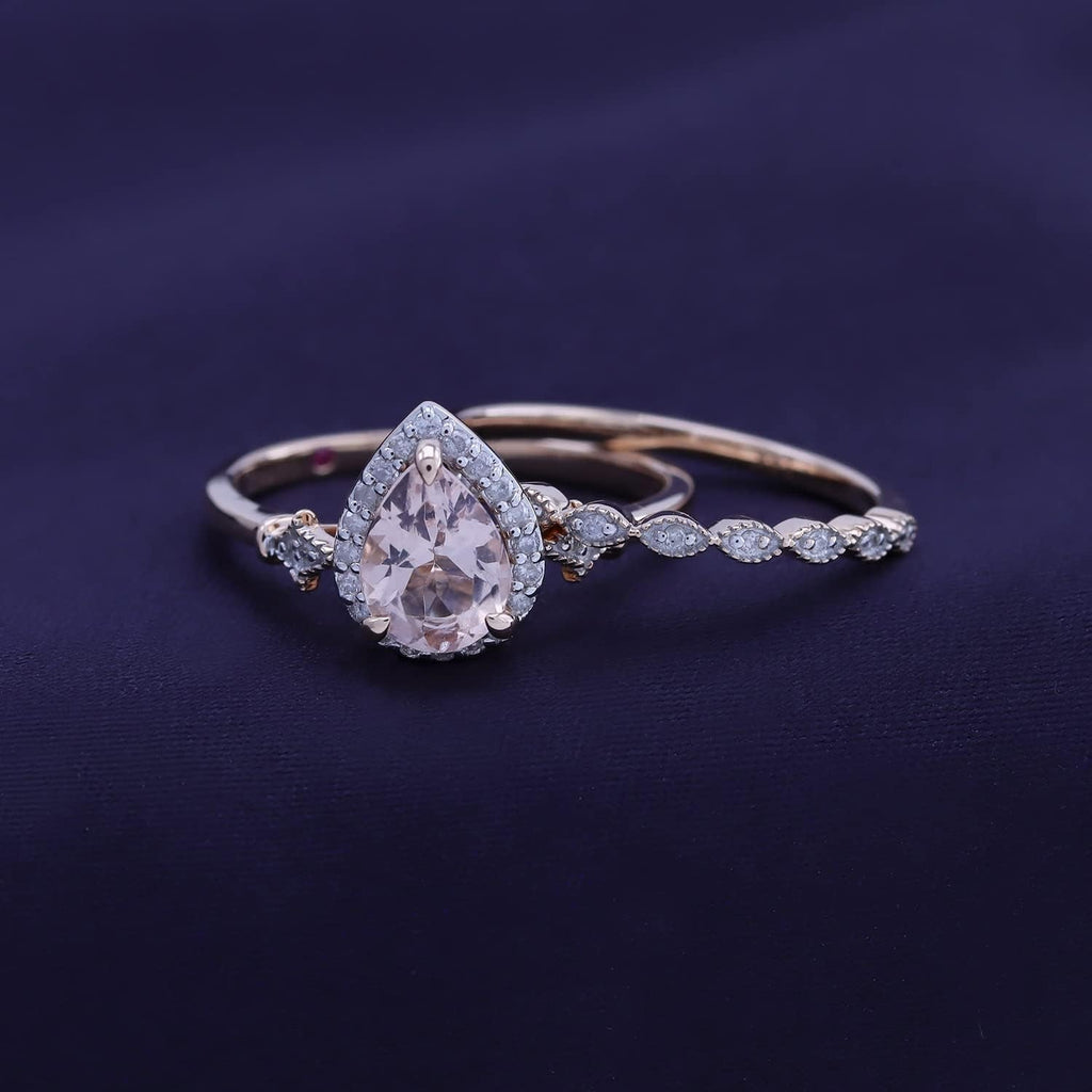 Fleur-De-Lis Vintage Style Bridal Set, Pear Cut Natural Morganite 8X6MM Gemstone & Natural Diamond in 14K Solid Gold Engagement Promise Wedding Ring (1.10 Cttw) Valentine'S Day Gift for Her - My Store