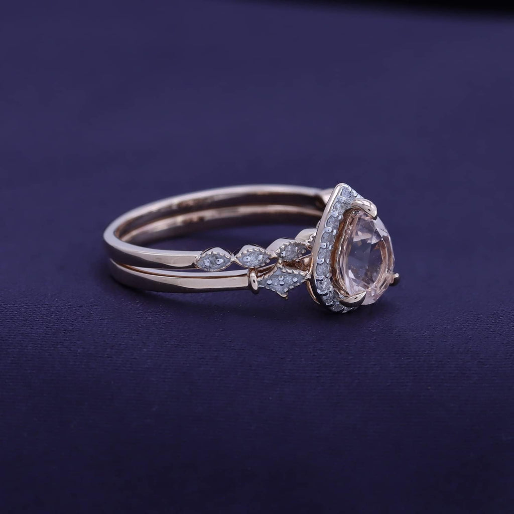 Fleur-De-Lis Vintage Style Bridal Set, Pear Cut Natural Morganite 8X6MM Gemstone & Natural Diamond in 14K Solid Gold Engagement Promise Wedding Ring (1.10 Cttw) Valentine'S Day Gift for Her - My Store