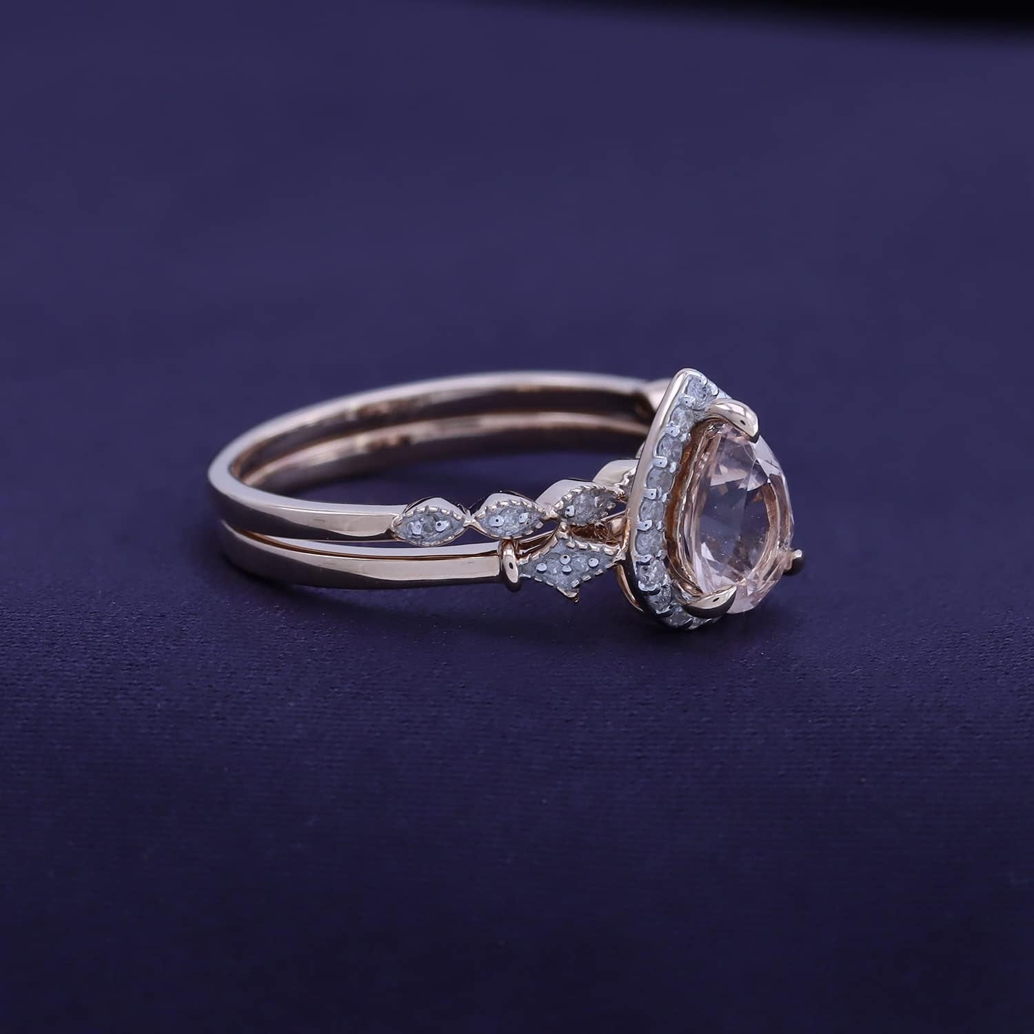 Fleur-De-Lis Vintage Style Bridal Set, Pear Cut Natural Morganite 8X6MM Gemstone & Natural Diamond in 14K Solid Gold Engagement Promise Wedding Ring (1.10 Cttw) Valentine'S Day Gift for Her - My Store
