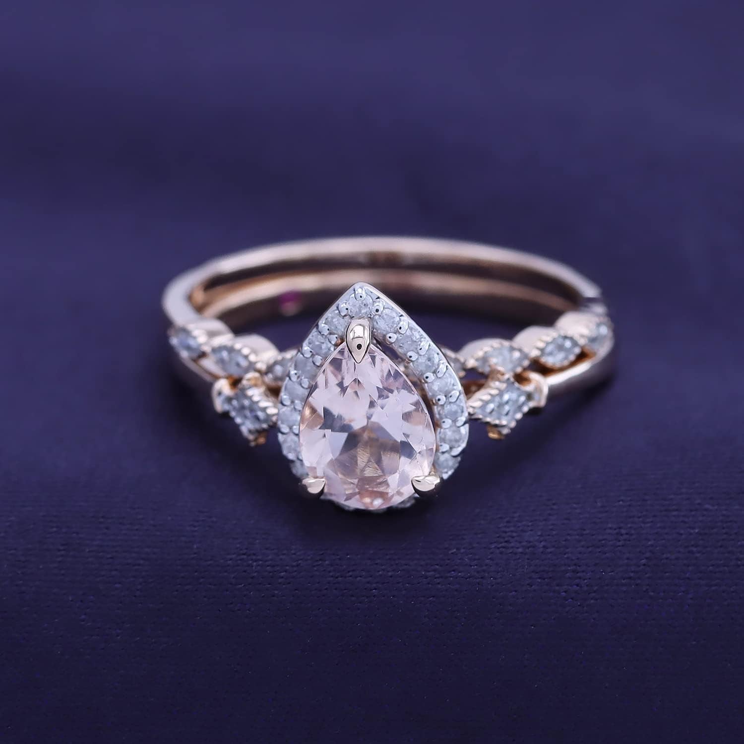 Fleur-De-Lis Vintage Style Bridal Set, Pear Cut Natural Morganite 8X6MM Gemstone & Natural Diamond in 14K Solid Gold Engagement Promise Wedding Ring (1.10 Cttw) Valentine'S Day Gift for Her - My Store