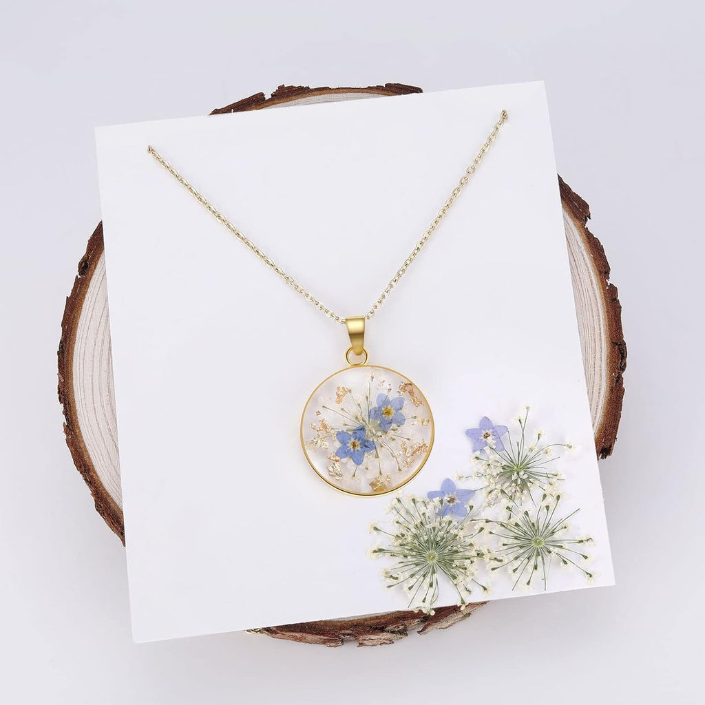 Forget-Me-Not and Queen Anne'S Lace Pressed Wildflower Necklace | Birth Month Flowers Necklace | Gold/Silver Pressed Flower Jewelry | Mother'S Day | Gift for Her - My Store