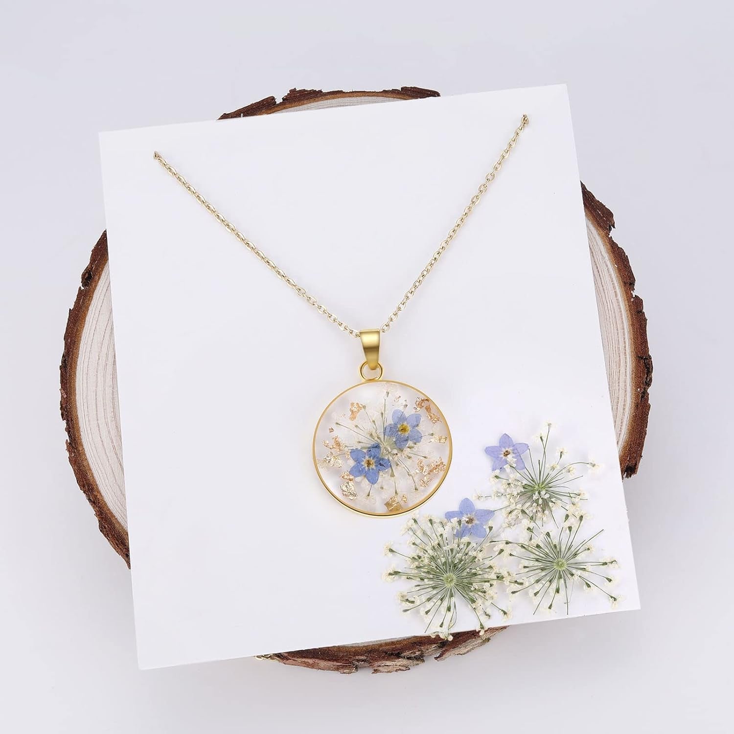 Forget-Me-Not and Queen Anne'S Lace Pressed Wildflower Necklace | Birth Month Flowers Necklace | Gold/Silver Pressed Flower Jewelry | Mother'S Day | Gift for Her - My Store