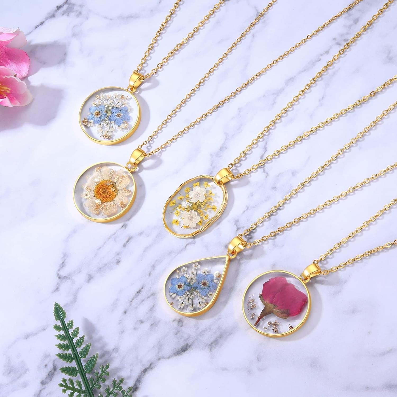 Forget-Me-Not and Queen Anne'S Lace Pressed Wildflower Necklace | Birth Month Flowers Necklace | Gold/Silver Pressed Flower Jewelry | Mother'S Day | Gift for Her - My Store
