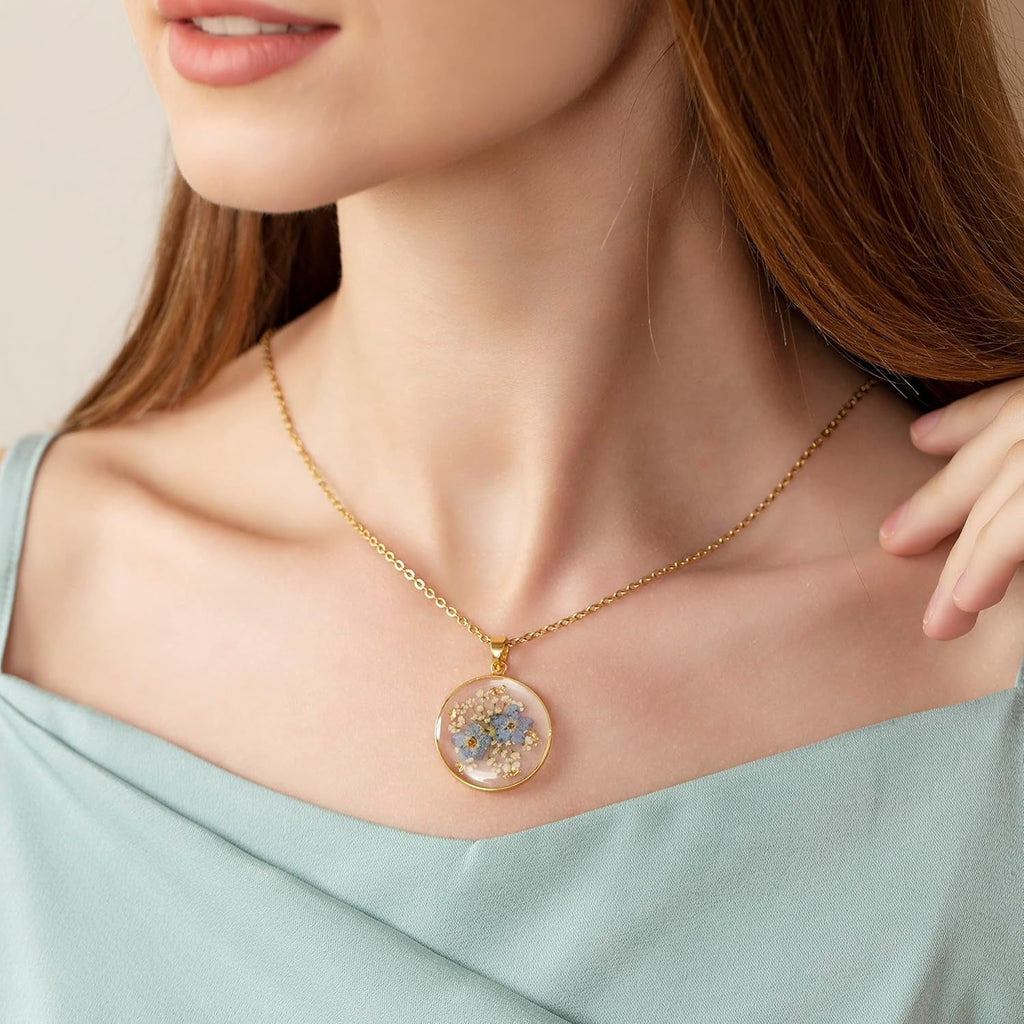 Forget-Me-Not and Queen Anne'S Lace Pressed Wildflower Necklace | Birth Month Flowers Necklace | Gold/Silver Pressed Flower Jewelry | Mother'S Day | Gift for Her - My Store
