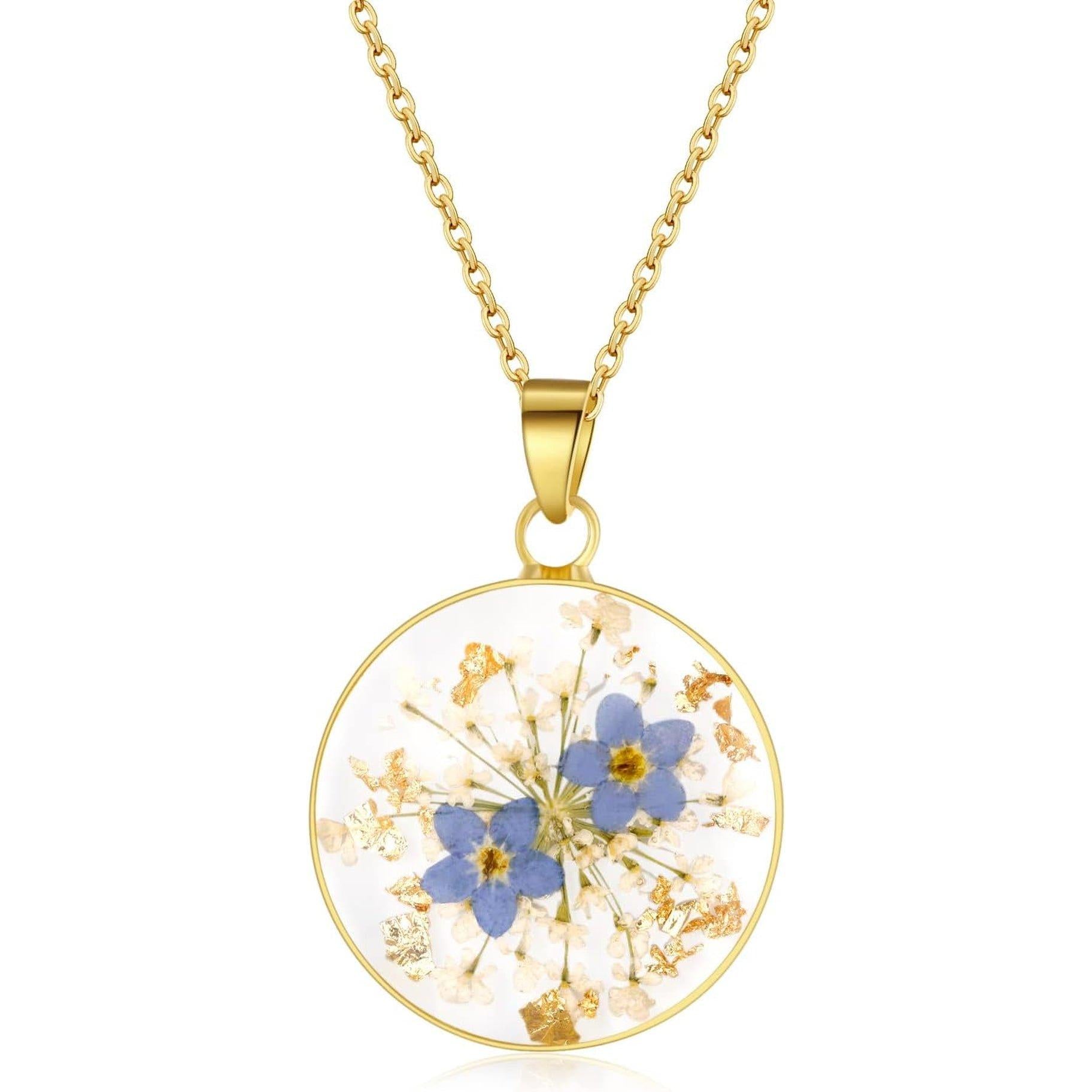 Forget-Me-Not and Queen Anne'S Lace Pressed Wildflower Necklace | Birth Month Flowers Necklace | Gold/Silver Pressed Flower Jewelry | Mother'S Day | Gift for Her - My Store