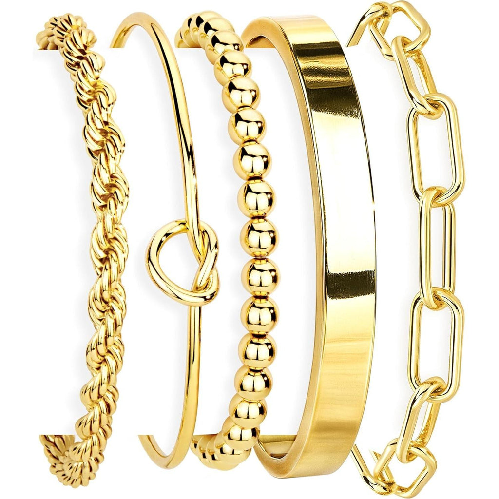 Gold Bracelets Set for Women Non Tarnish, Waterproof 14K Gold Plated Sterling Silver Chunky Cuff Bracelet Stackable Gold Bangles Bracelet for Women Trendy Fashion Accessories Tie Knot Cuban Rope Paperclip Beaded Bracelet Stack Jewelry Mothers Day Gifts fo - My Store