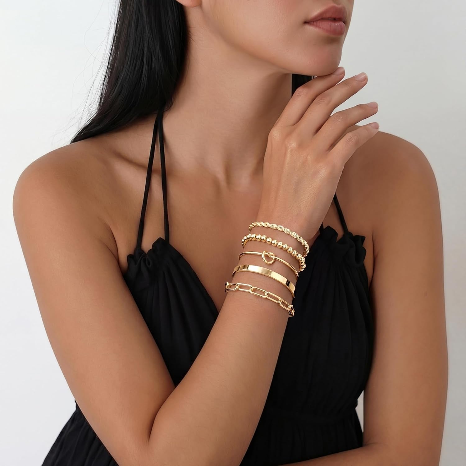 Gold Bracelets Set for Women Non Tarnish, Waterproof 14K Gold Plated Sterling Silver Chunky Cuff Bracelet Stackable Gold Bangles Bracelet for Women Trendy Fashion Accessories Tie Knot Cuban Rope Paperclip Beaded Bracelet Stack Jewelry Mothers Day Gifts fo - My Store