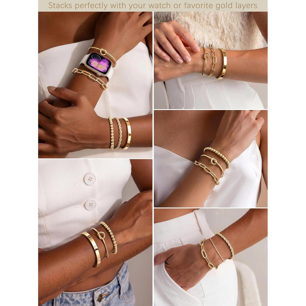 Gold Bracelets Set for Women Non Tarnish, Waterproof 14K Gold Plated Sterling Silver Chunky Cuff Bracelet Stackable Gold Bangles Bracelet for Women Trendy Fashion Accessories Tie Knot Cuban Rope Paperclip Beaded Bracelet Stack Jewelry Mothers Day Gifts fo - My Store