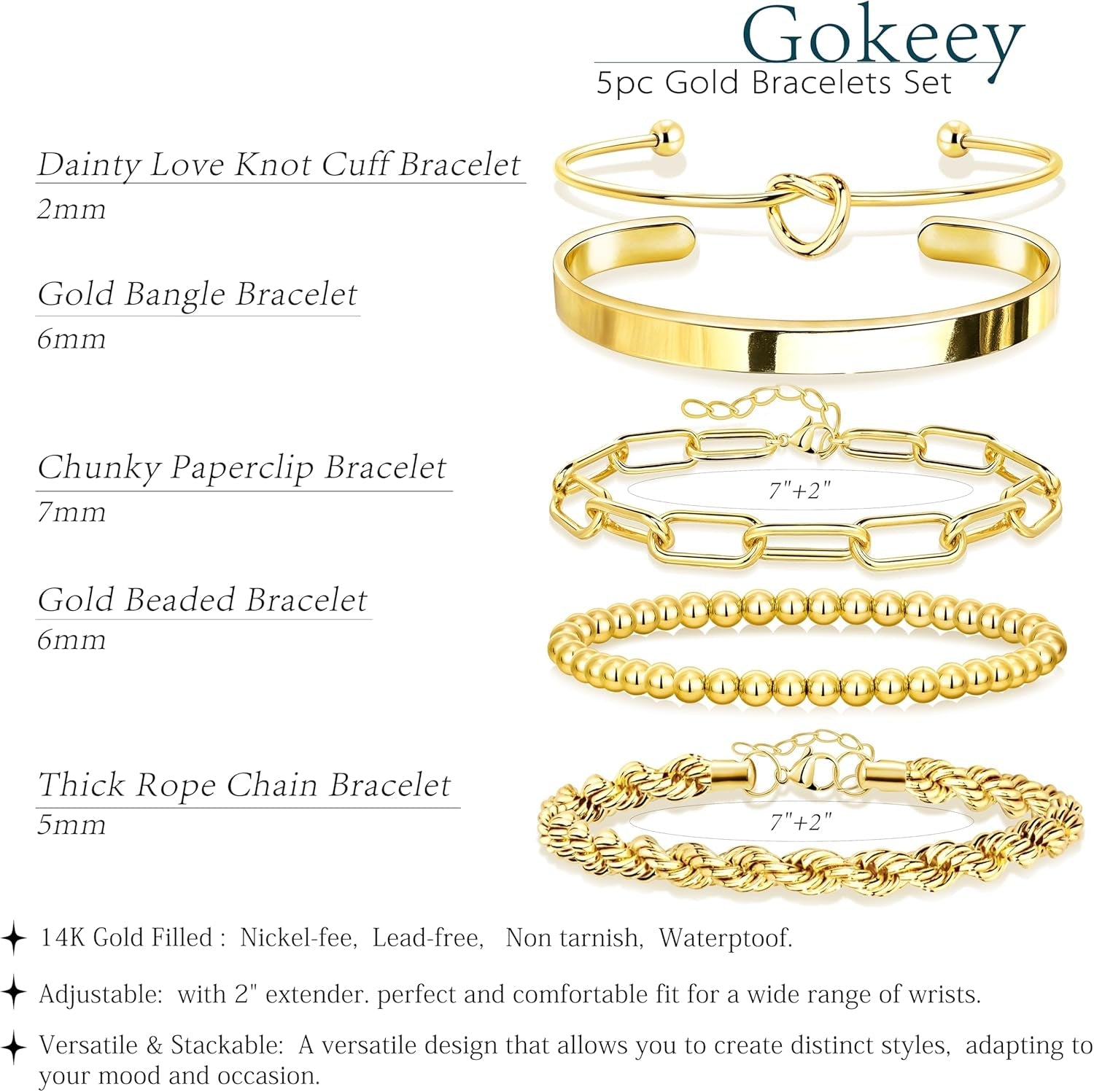 Gold Bracelets Set for Women Non Tarnish, Waterproof 14K Gold Plated Sterling Silver Chunky Cuff Bracelet Stackable Gold Bangles Bracelet for Women Trendy Fashion Accessories Tie Knot Cuban Rope Paperclip Beaded Bracelet Stack Jewelry Mothers Day Gifts fo - My Store
