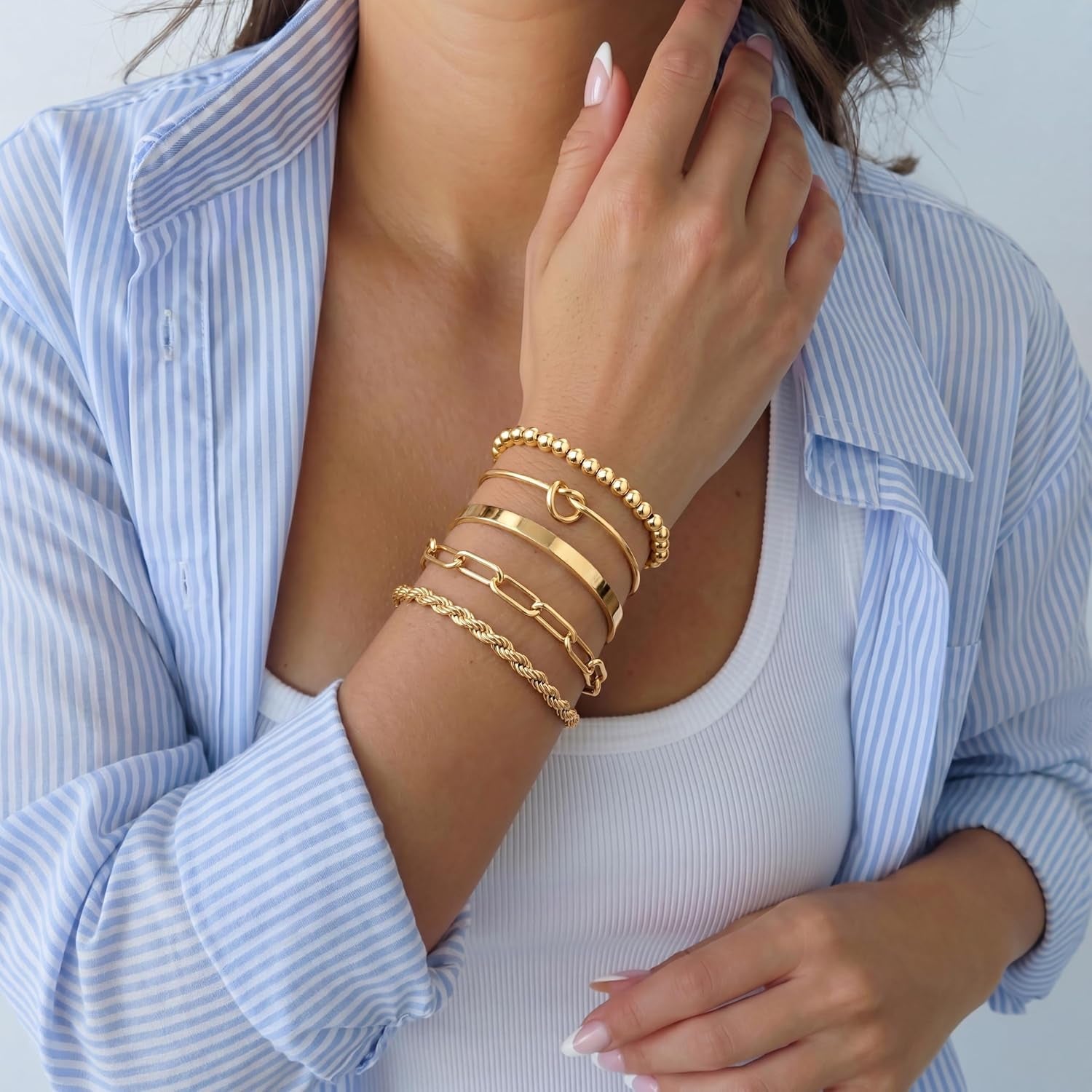 Gold Bracelets Set for Women Non Tarnish, Waterproof 14K Gold Plated Sterling Silver Chunky Cuff Bracelet Stackable Gold Bangles Bracelet for Women Trendy Fashion Accessories Tie Knot Cuban Rope Paperclip Beaded Bracelet Stack Jewelry Mothers Day Gifts fo - My Store