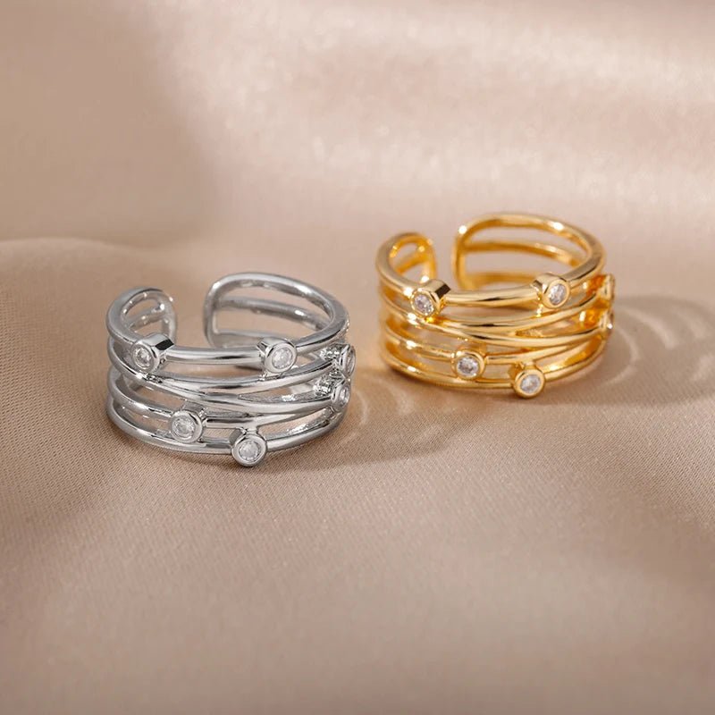 Multilayer Winding Line Zircon Rings for Women Open Adjustable Stainless Steel Geometry Ring 2022 Trend Jewerly Anillos Mujer - My Store