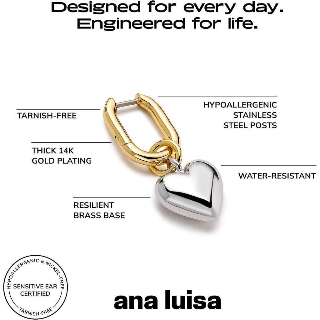 Puffed Heart Earrings - Heart Charm Huggie Hoops and Earring Stud Styles - Dainty 14K Gold Plated, Silver Rhodium Plated & Mixed Metal Silver & Gold Earrings - Hypoallergenic Water-Resistant - My Store