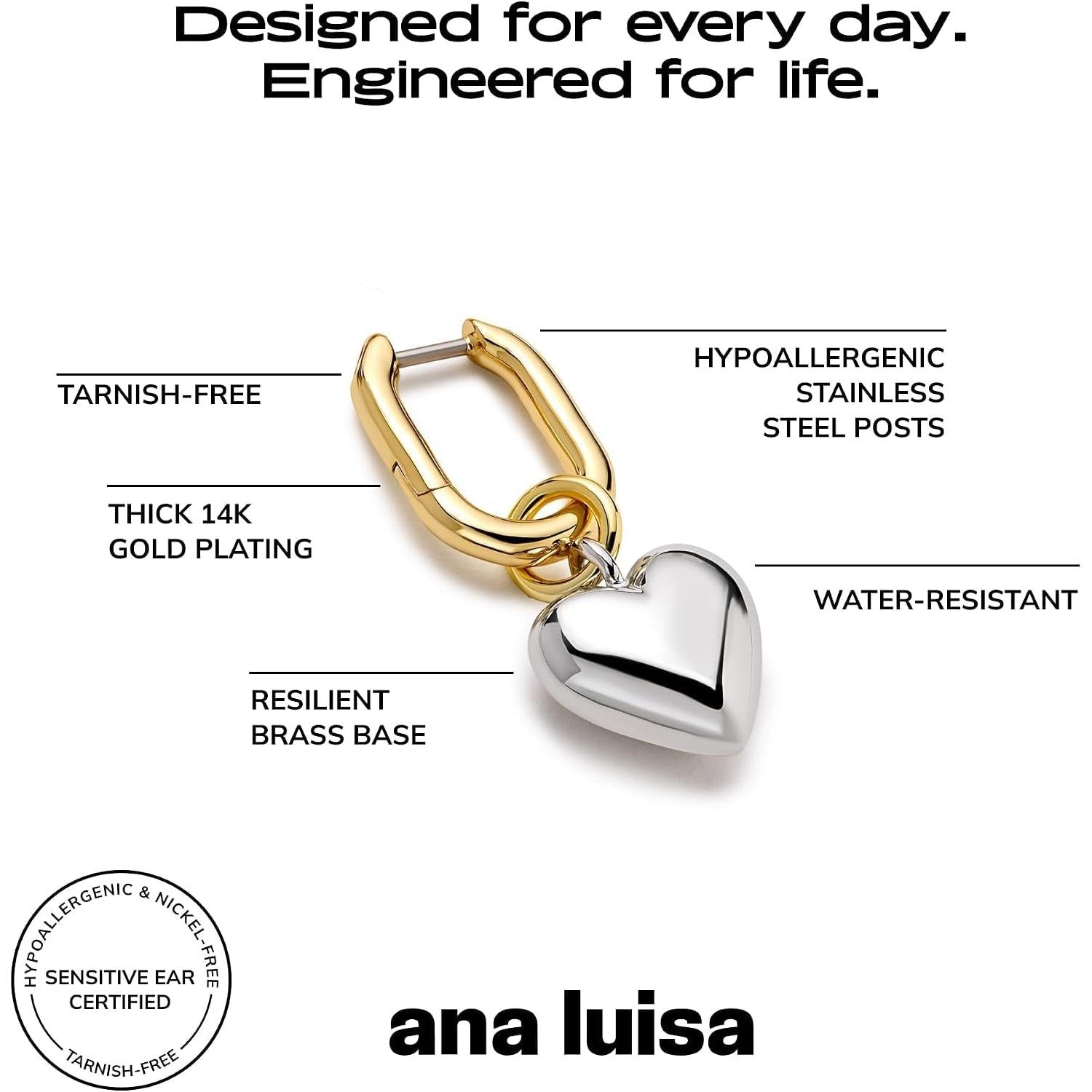 Puffed Heart Earrings - Heart Charm Huggie Hoops and Earring Stud Styles - Dainty 14K Gold Plated, Silver Rhodium Plated & Mixed Metal Silver & Gold Earrings - Hypoallergenic Water-Resistant - My Store