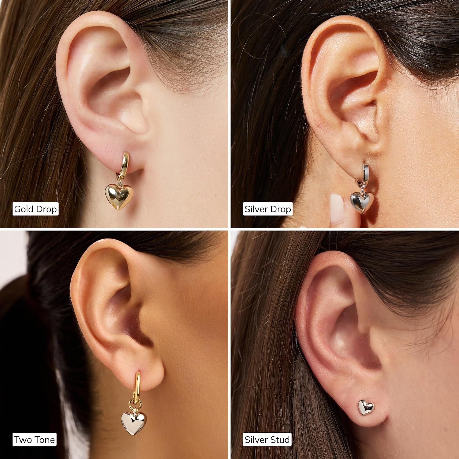 Puffed Heart Earrings - Heart Charm Huggie Hoops and Earring Stud Styles - Dainty 14K Gold Plated, Silver Rhodium Plated & Mixed Metal Silver & Gold Earrings - Hypoallergenic Water-Resistant - My Store