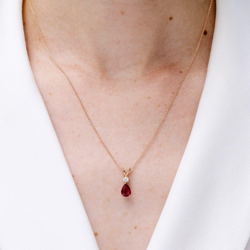 Ruby Teardrop Necklace with Diamond in Silver/14K Solid Gold/Platinum | Natural Prong-Set Ruby V-Bale Pendant with 18" Chain for Women | July Birthday Gemstone Jewelry Gift - My Store