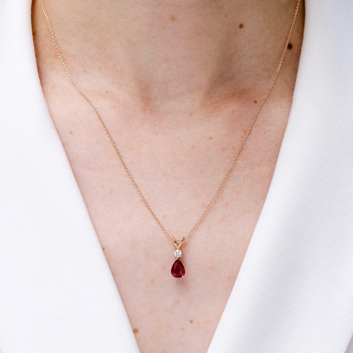 Ruby Teardrop Necklace with Diamond in Silver/14K Solid Gold/Platinum | Natural Prong-Set Ruby V-Bale Pendant with 18" Chain for Women | July Birthday Gemstone Jewelry Gift - My Store