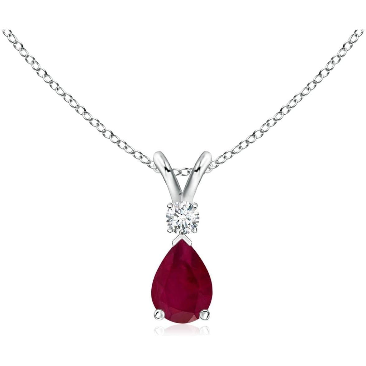 Ruby Teardrop Necklace with Diamond in Silver/14K Solid Gold/Platinum | Natural Prong-Set Ruby V-Bale Pendant with 18" Chain for Women | July Birthday Gemstone Jewelry Gift - My Store